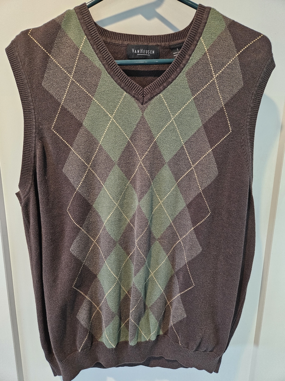 Van Heusen Argyle Sweater Vest Brown Green Cotton V Neck